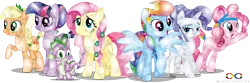 Size: 10916x3628 | Tagged: safe, artist:infinitewarlock, derpibooru import, applejack, fluttershy, pinkie pie, rainbow dash, rarity, spike, twilight sparkle, twilight sparkle (alicorn), alicorn, pony, absurd resolution, crystal spike, crystallized, female, mane seven, mane six, mare, simple background, transparent background