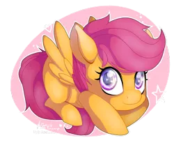 Size: 1024x853 | Tagged: safe, artist:sofilut, derpibooru import, scootaloo, cute, cutealoo, looking at you, smiling, solo, wingding eyes