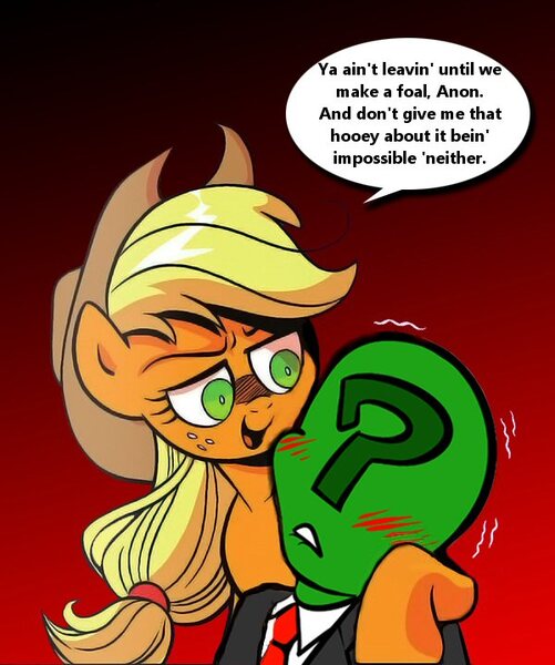 Size: 600x719 | Tagged: artist needed, questionable, derpibooru import, edit, idw, applejack, oc, oc:anon, human, pony, spoiler:comic, bedroom eyes, blushing, hug, human on pony action, implied impregnation, interspecies, lip bite, open mouth, shivering, smirk, yandere