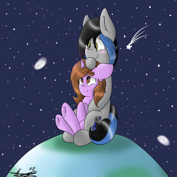 Size: 4500x4500 | Tagged: absurd resolution, artist:doodlehorse, couple, cuddling, derpibooru import, doodlestrummer, dots, galaxy, happy, heartwarming, love, male, oc, oc:doodle, oc:string strummer, safe, snuggling, space, stallion, stars, tears of joy, unofficial characters only, world