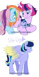 Size: 410x810 | Tagged: safe, artist:hazurasinner, derpibooru import, oc, oc:starchaser, oc:windy belle, unofficial characters only, pegasus, pony, unicorn, baby, baby pony, colored wings, female, gradient wings, lesbian, magical lesbian spawn, offspring, offspring shipping, offspring's offspring, parent:fluttershy, parent:oc:starchaser, parent:oc:windy belle, parent:pinkie pie, parent:rainbow dash, parent:twilight sparkle, parents:flutterdash, parents:oc x oc, parents:twinkie, shipping, watermark