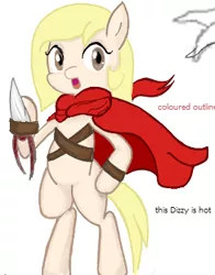 Size: 263x336 | Tagged: safe, artist:woox, derpibooru import, oc, oc:dizzy cream, unofficial characters only, pony, bipedal, blade, cape, clothes, flockmod, katar, solo, weapon