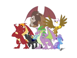 Size: 1024x768 | Tagged: safe, artist:jo-bac, derpibooru import, garble, gilda, scorpan, spike, trixie, changeling, dragon, gryphon, pony, unicorn, female, mare, older, older spike, simple background, transparent background, wings