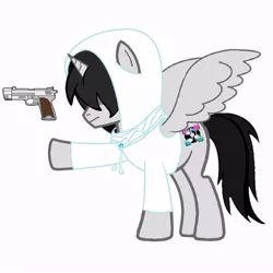 Size: 960x960 | Tagged: safe, derpibooru import, oc, oc:moondark, unofficial characters only, alicorn, pony, pony creator, alicorn oc, clothes, edgy, frown, gun, hoodie, pointing, solo, spread wings