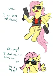 Size: 672x955 | Tagged: artist:jargon scott, clothes, crossover, derpibooru import, dialogue, duke nukem, fluttershy, gun, ponies with guns, simple background, solo, suggestive, sunglasses, white background