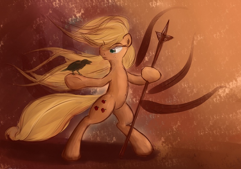 Size: 1422x1000 | Tagged: artist needed, safe, derpibooru import, applejack, bird, crow, earth pony, pony, bipedal, celtic, female, hoof hold, lidded eyes, loose hair, mare, morrigan, smiling, solo, spear, staff, underhoof, weapon