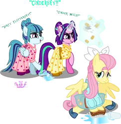 Size: 5694x5868 | Tagged: safe, artist:meganlovesangrybirds, derpibooru import, aria blaze, fluttershy, sonata dusk, ponified, pony, equestria girls, rainbow rocks, absurd resolution, alternate hairstyle, cinderella, cindershy, clothes, crossover, dress, equestria girls ponified