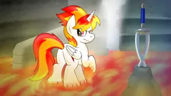 Size: 1024x576 | Tagged: safe, artist:drawponies, derpibooru import, oc, oc:flamerunner, unofficial characters only, alicorn, pony, female, lava, solo, sword