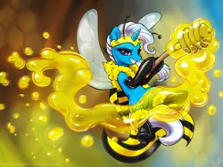 Size: 1500x1125 | Tagged: safe, artist:kp-shadowsquirrel, derpibooru import, trixie, bee, pony, unicorn, clothes, costume, female, flying, grin, honey, honey dipper, latex, mare, solo