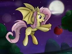 Size: 1400x1050 | Tagged: safe, artist:milanoss, derpibooru import, fluttershy, bat pony, pony, apple, bat wings, flutterbat, flying, full moon, moon, night, open mouth, race swap, reaching, red eyes, solo, spread wings, wings