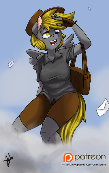 Size: 567x900 | Tagged: anthro, artist:xenstroke, cap, clothes, derpibooru import, derpy hooves, hat, letter, mailbag, mailmare, safe, solo, uniform