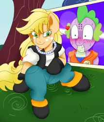 Size: 1629x1899 | Tagged: safe, artist:blackbewhite2k7, derpibooru import, applejack, spike, android 18, anime, applebucking thighs, applespike, blushing, clothes, crossover, dragon ball z, female, krillin, male, shipping, straight