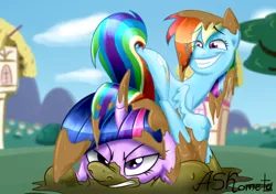 Size: 1280x900 | Tagged: artist:askometa, curved horn, derpibooru import, friendship is magic, mud, rainbow dash, safe, scene interpretation, twilight is not amused, twilight sparkle, unamused