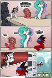 Size: 838x1250 | Tagged: safe, artist:jamescorck, derpibooru import, princess celestia, oc, oc:britannia, oc:mecha, oc:movie slate, oc:pun, pony, robot, robot pony, ask celestia stuff, employer meme, exploitable meme, hejibits, meme, swanlestia, wilhelm scream