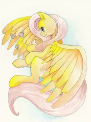 Size: 1484x1996 | Tagged: safe, artist:quila111, derpibooru import, fluttershy, butterfly, flying, smiling, solo, spread wings, traditional art, watercolor painting