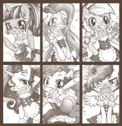 Size: 1000x1039 | Tagged: safe, artist:catseyeart, derpibooru import, applejack, fluttershy, pinkie pie, rainbow dash, rarity, twilight sparkle, pony, semi-anthro, bipedal, clothes, cute, diapinkes, fluttermaid, maid, maidity, maidjack, maidlight sparkle, mane six, monochrome, pinkie maid, pixiv, rainbow dash always dresses in style, rainbow maid, unamused