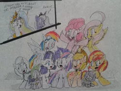 Size: 640x480 | Tagged: safe, artist:fergarcia220, derpibooru import, applejack, fluttershy, pinkie pie, princess celestia, princess luna, rainbow dash, rarity, spike, sunset shimmer, trixie, twilight sparkle, oc, oc:nyx, pony, alternate mane seven, dusk shine, group, mane seven, mane six, rule 63, the unexpected love life of dusk shine, traditional art