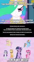 Size: 560x1024 | Tagged: applejack, derpibooru import, exploitable meme, fanfic:the conversion bureau, fluttershy, image macro, mane six, meme, optimus prime, pinkie pie, princess celestia, rainbow dash, rarity, safe, the conversion bureau, transformers, twilight sparkle, xenolestia