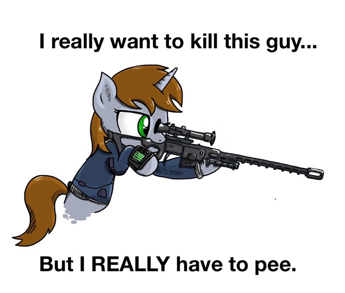 Size: 1028x874 | Tagged: safe, artist:kill joy, derpibooru import, oc, oc:littlepip, unofficial characters only, pony, unicorn, fallout equestria, fanfic, clothes, desperation, fanfic art, female, funny, gun, hooves, horn, mare, meme, need to pee, omorashi, optical sight, pipbuck, potty time, rifle, simple background, sniper rifle, solo, text, vault suit, weapon, white background