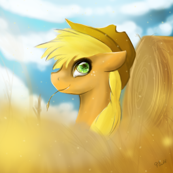 Size: 1024x1024 | Tagged: applejack, artist:flutti, derpibooru import, hay bale, safe, solo, straw