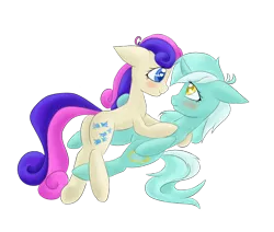 Size: 1300x1100 | Tagged: safe, artist:billysan727, derpibooru import, bon bon, lyra heartstrings, sweetie drops, blushing, female, lesbian, lyrabon, shipping, simple background, smiling, transparent background, underhoof