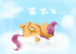 Size: 700x500 | Tagged: safe, artist:chanceyb, derpibooru import, scootaloo, pegasus, pony, blushing, cloud, cloud bed, cloudy, cute, cutealoo, female, filly, nap, on back, sleeping, solo, tongue out, zzz