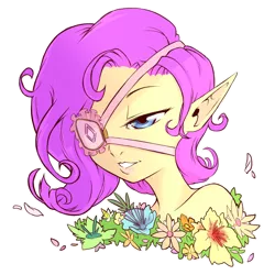 Size: 1280x1280 | Tagged: artist:cold-blooded-twilight, curly hair, derpibooru import, elf, elf ears, elfification, eyepatch, flower, human, humanized, rarity, safe