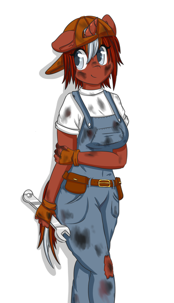 Size: 1101x1920 | Tagged: anthro, anthro oc, artist:wickedsilly, derpibooru import, oc, oc:rust yards, overalls, safe, solo, unofficial characters only, wrench