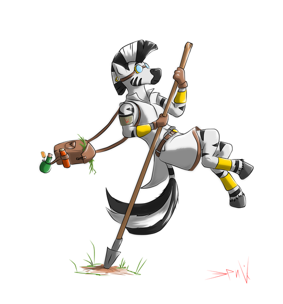 Size: 7190x7748 | Tagged: absurd resolution, anthro, artist:eriada, derpibooru import, goggles, safe, satchel, simple background, solo, spear, white background, zebra, zecora