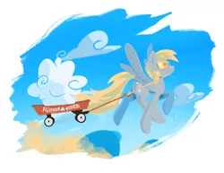 Size: 1400x1082 | Tagged: safe, artist:darkflame75, derpibooru import, derpy hooves, pegasus, pony, cart, cloud, cloudy, female, flying, mare, muffin, solo, wagon