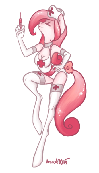 Size: 673x1171 | Tagged: anthro, artist:vautaryt, breasts, cleavage, clothes, derpibooru import, evening gloves, female, leotard, nurse, oc, oc:rose cake, solo, solo female, stockings, suggestive, syringe, unofficial characters only