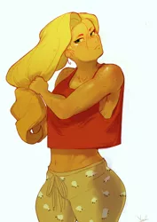 Size: 500x706 | Tagged: applejack, artist:yunni-yunni, belly button, clothes, derpibooru import, human, humanized, loose hair, midriff, pajamas, safe, solo, wide hips