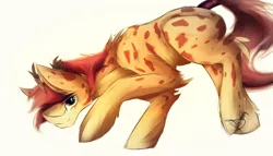 Size: 1600x914 | Tagged: artist:cadenske, brown eyes, crouching, derpibooru import, giraffe, long neck, oc, oc:acacias zarafu, ossicones, safe, smirk, tail wrap, unofficial characters only