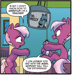 Size: 606x633 | Tagged: safe, artist:jay fosgitt, derpibooru import, idw, cheerilee, cherry blossom (idw), ponified, earth pony, pony, spoiler:comic, spoiler:comic29, dr. phil, sisters, twins