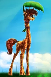 Size: 1000x1500 | Tagged: artist:madhotaru, brown eyes, derpibooru import, fluffy, giraffe, grass, leaf, long legs, long neck, oc, oc:acacias zarafu, ossicones, safe, scar, smiling, solo, tail wrap, unofficial characters only