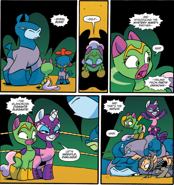 Size: 1319x1399 | Tagged: artist:jay fosgitt, cheerilee, cloverleaf, derpibooru import, diamante elegante, idw, iron hock, luchador, luchador mask, mystery mare, rarity, referee, safe, spoiler:comic, spoiler:comic29, steel buns, wat, wrestling