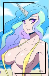 Size: 1500x2318 | Tagged: absolute cleavage, artist:oppaihobby, bikini, breasts, busty princess celestia, cleavage, clothes, cutie mark, derpibooru import, female, horned humanization, human, humanized, princess celestia, sling bikini, solo, solo female, string bikini, suggestive, swimsuit