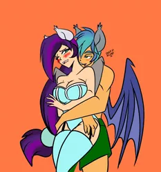 Size: 1008x1080 | Tagged: suggestive, artist:burningsnowflakeproductions, derpibooru import, oc, oc:sweet hum, oc:swift edge, unofficial characters only, bat pony, human, blushing, boxer briefs, breasts, cleavage, clothes, corset, couple, eared humanization, embrace, fangs, female, hug, humanized, humanized oc, imminent sex, lingerie, love, male, married, married couple, oc x oc, panties, shipping, straight, sweetedge, topless, underwear, winged humanization