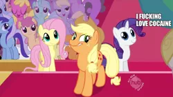 Size: 1280x720 | Tagged: safe, derpibooru import, edit, edited screencap, screencap, applejack, carrot top, cherry berry, derpy hooves, dizzy twister, fluttershy, golden harvest, linky, lyra heartstrings, minuette, orange swirl, princess celestia, rarity, shoeshine, twinkleshine, pegasus, pony, the return of harmony, animation error, cocaine, cocaine is a hell of a drug, drugs, faic, female, great moments in animation, hub logo, image macro, mare, meme, no eyelashes, rarieyes, rerity, the hub, vulgar