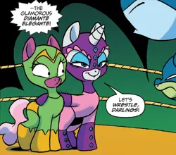 Size: 749x659 | Tagged: cheerilee, cloverleaf, derpibooru import, diamante elegante, idw, iron hock, luchador, lucha libre, mystery mare, rarity, safe, spanish, spoiler:comic, spoiler:comic29, steel buns, wrestling