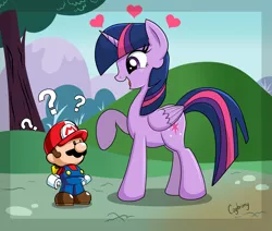 Size: 5053x4280 | Tagged: safe, artist:thebrokencog, derpibooru import, twilight sparkle, twilight sparkle (alicorn), alicorn, pony, absurd resolution, crossover, female, heart, mare, mario, mario vs donkey kong, mini mario, nintendo, open mouth, question mark, raised hoof, smiling, super mario bros., toy