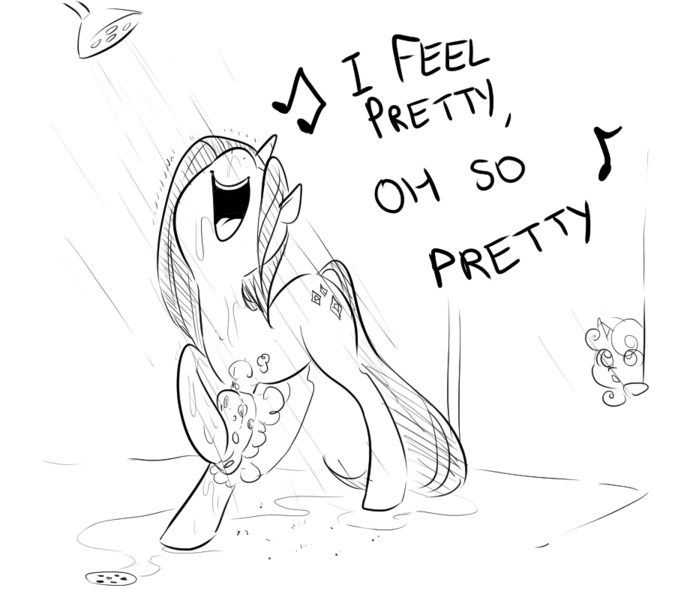 Size: 900x800 | Tagged: safe, artist:glacierclear, derpibooru import, rarity, sweetie belle, pony, unicorn, dialogue, female, filly, mare, monochrome, open mouth, shower, singing, singing in the shower, sisters, song reference, voyeurism, west side story, wet, wet mane, wet mane rarity