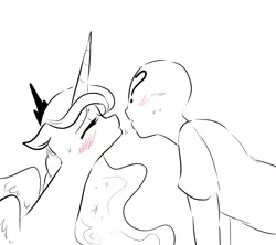 Size: 900x800 | Tagged: safe, artist:glacierclear, derpibooru import, princess luna, oc, oc:anon, alicorn, human, pony, blushing, clothes, eyes closed, female, human male, imminent kissing, kissing, leaning, leaning forward, male, mare, monochrome, simple background, sketch, sweat, white background