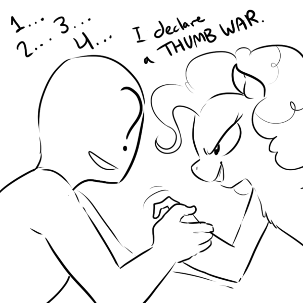Size: 868x869 | Tagged: safe, artist:glacierclear, derpibooru import, pinkie pie, oc, oc:anon, human, pony, black and white, cursed image, dialogue, female, gigawat, grayscale, looking at each other, mare, monochrome, pinkie being pinkie, pinkie physics, smiling, suddenly hands, thumb wrestling, wat
