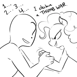 Size: 868x869 | Tagged: safe, artist:glacierclear, derpibooru import, pinkie pie, oc, oc:anon, human, pony, black and white, cursed image, dialogue, female, gigawat, grayscale, looking at each other, mare, monochrome, pinkie being pinkie, pinkie physics, smiling, suddenly hands, thumb wrestling, wat