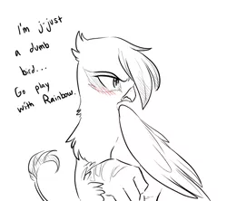Size: 900x800 | Tagged: safe, artist:glacierclear, derpibooru import, gilda, gryphon, blushing, dialogue, folded wings, frown, gildere, image, looking away, looking to side, monochrome, png, sitting, solo, talking to viewer, text, tsundere, wings