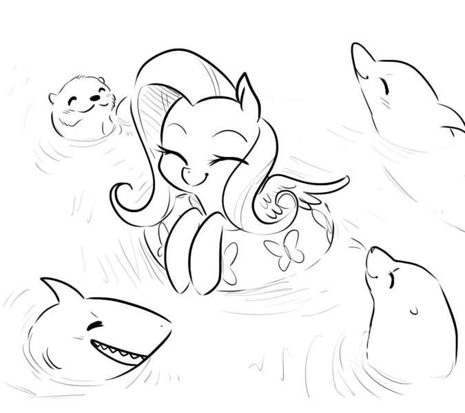 Size: 900x800 | Tagged: artist:glacierclear, cute, derpibooru import, dolphin, fluttershy, monochrome, otter, safe, seal, shark, shyabetes