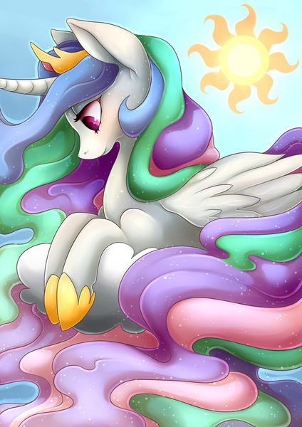 Size: 1280x1810 | Tagged: artist:grandifloru, cloud, derpibooru import, looking down, princess celestia, prone, safe, solo