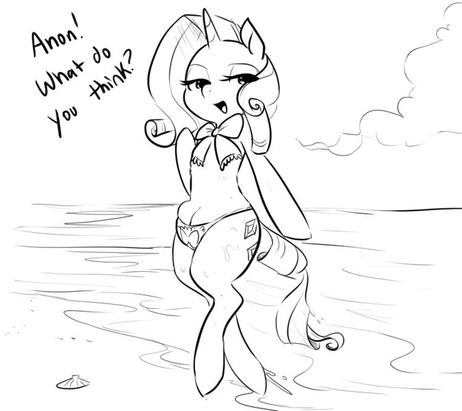 Size: 900x800 | Tagged: suggestive, artist:glacierclear, derpibooru import, rarity, oc, oc:anon, pony, unicorn, beach, bikini, bipedal, clothes, crotch cleavage, crotchboobikini, crotchboobs, dialogue, female, monochrome, seashell, solo, swimsuit