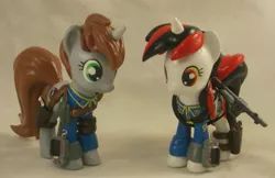Size: 3433x2225 | Tagged: safe, artist:gryphyn-bloodheart, derpibooru import, oc, oc:blackjack, oc:littlepip, unofficial characters only, pony, unicorn, fallout equestria, fallout equestria: project horizons, fanfic, 3d print, clothes, custom, female, funko, gun, handgun, horn, irl, little macintosh, mare, mystery mini, mystery minis, photo, pipbuck, revolver, toy, vault suit, weapon